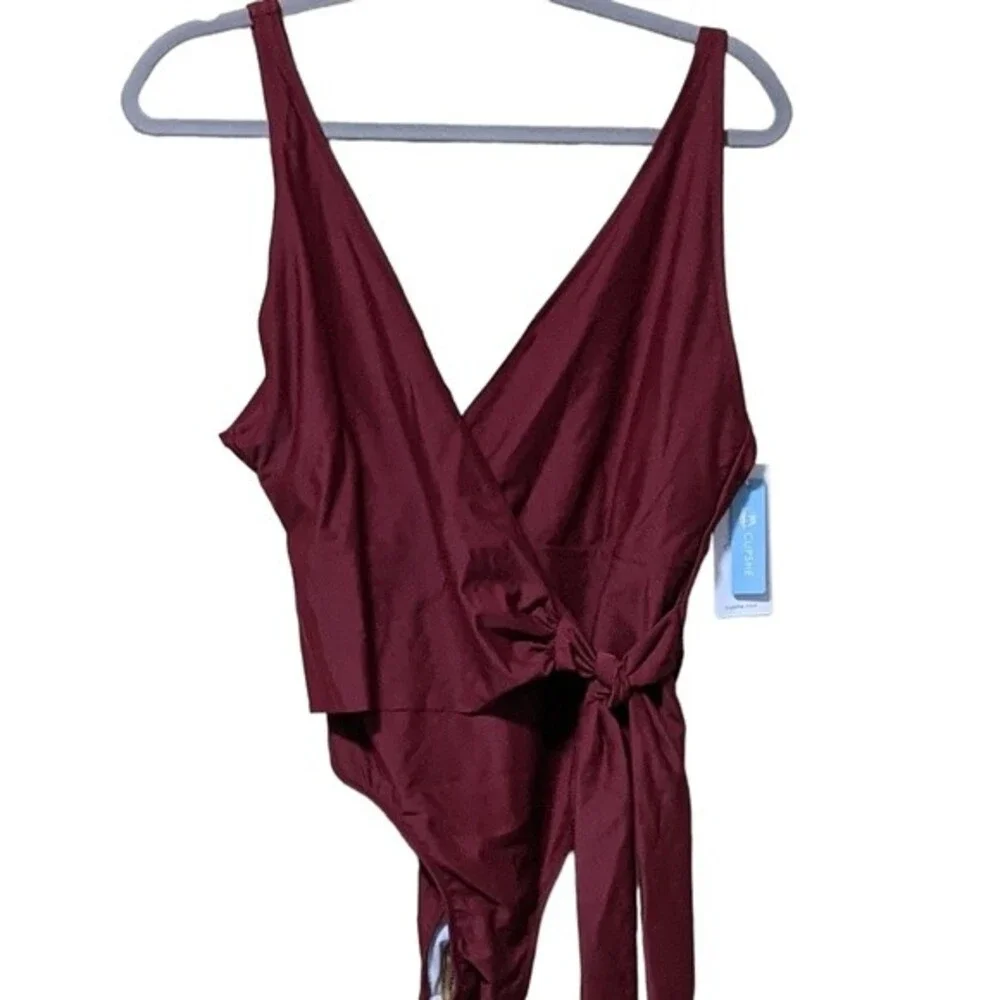 Cupshe one piece figure flattering side tie wrap swim suit burgundy 8 - Picture 1 of 9